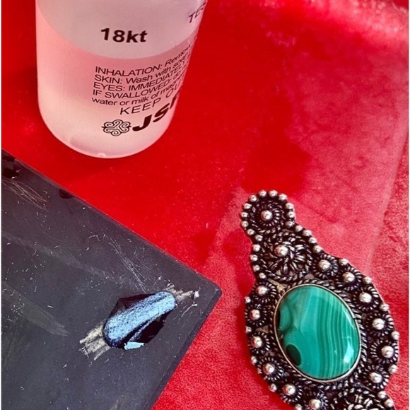 Antique Estate handmade sterling silver genuine Malachite Gemstone Brooch Pin - Picture 5 of 6